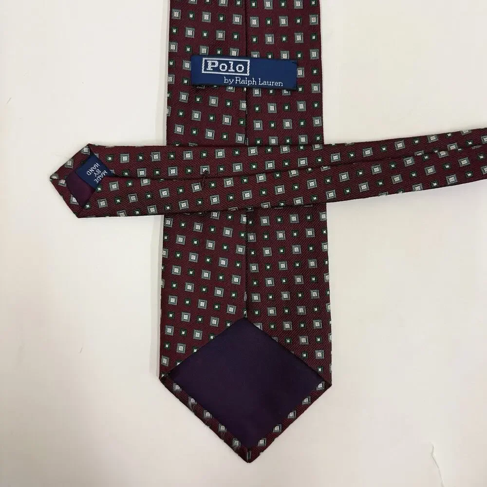Polo Ralph Lauren Silk Tie Mens Burgundy Geometric Diamond Pattern Made in USA